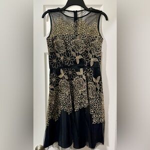 Tahari Black Dress with Gold Floral Lace Overlay
